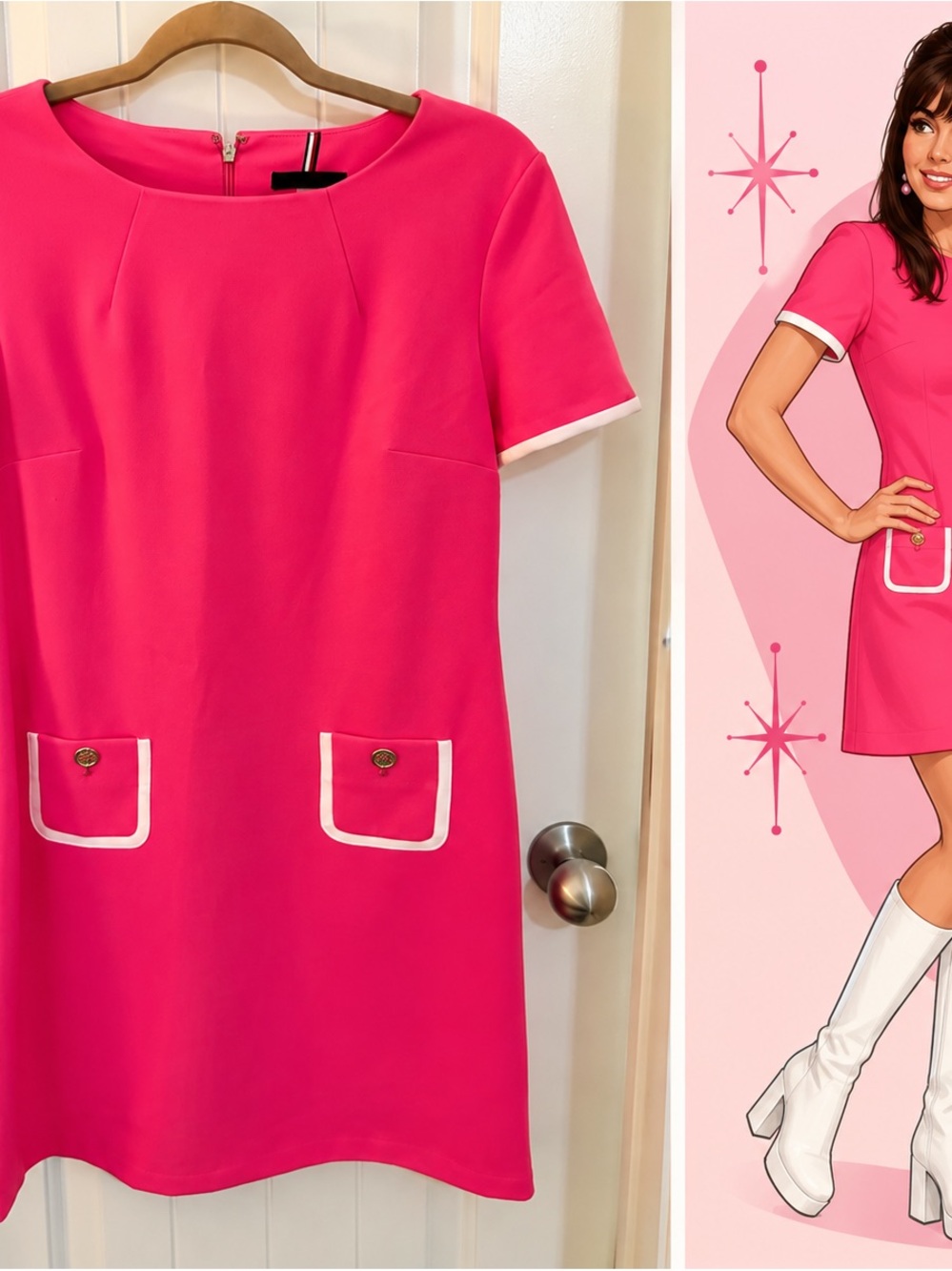 Tommy Hilfiger Hot Pink Shift Dress with White Trim